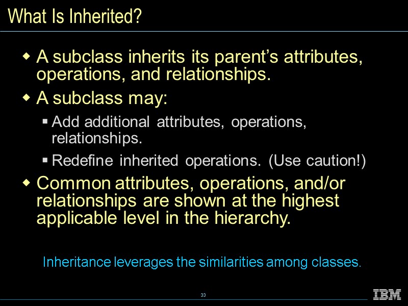 What Is Inherited? Inheritance leverages the similarities among classes. A subclass inherits its parent’s